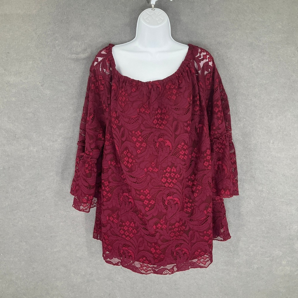 Catherines‎ Top 2X Off Shoulder 3/4 Bell Sleeve Floral Lace Feminine Party